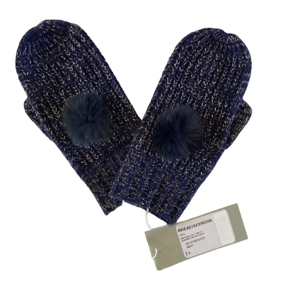 Yves Salomon Enfant Rex Rabbit Fur Pom Metallic Knit Mittens NWT Made in France